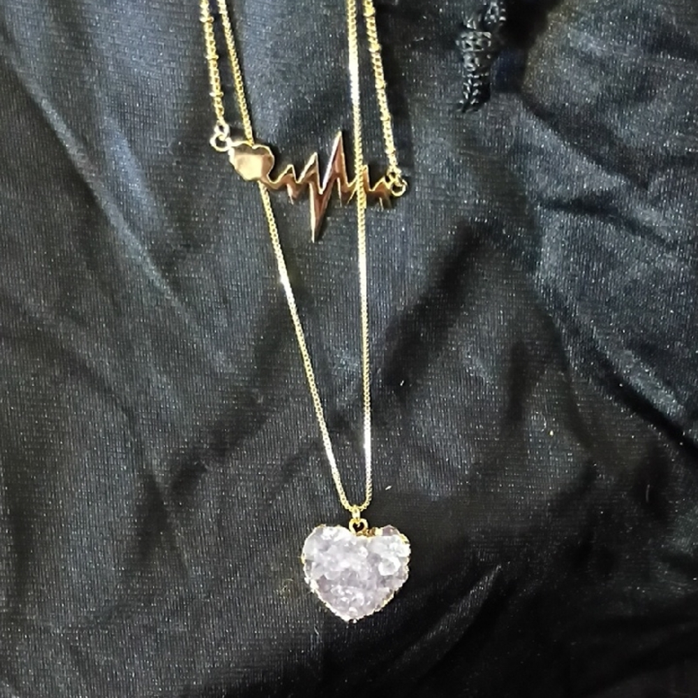 Gold Heartbeat and Crystal Heart Necklace Set